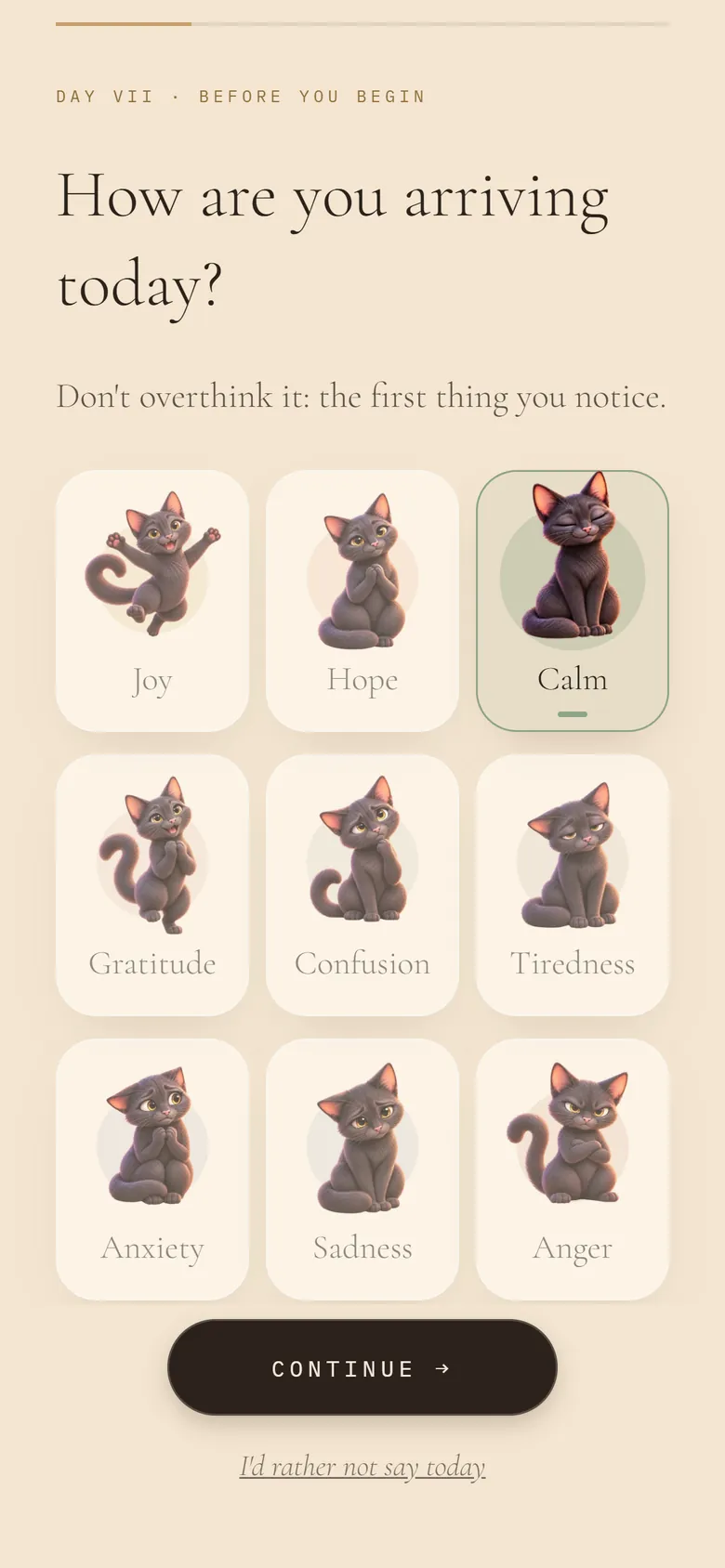 Before you begin: “How are you arriving today?”, with Blacky the cat.