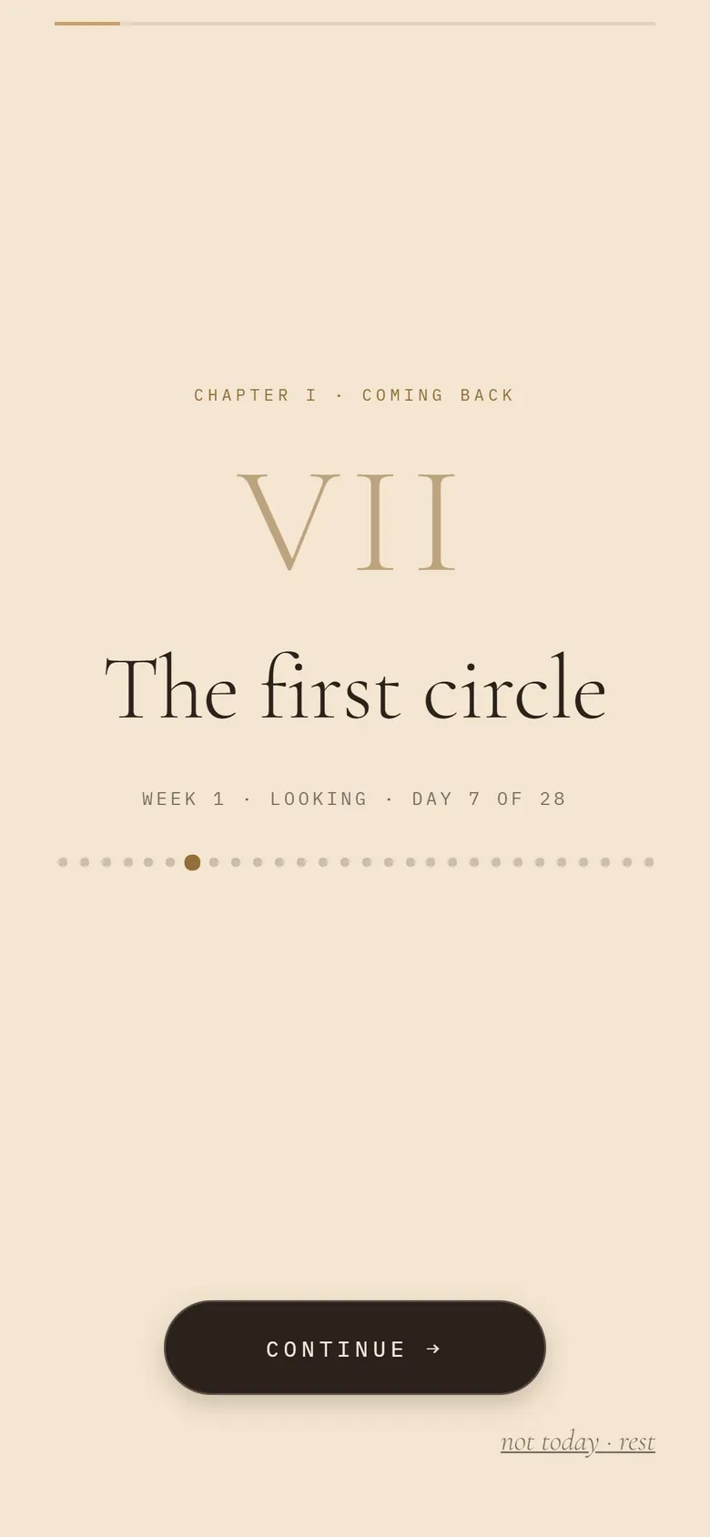 The start of a day in Renace: “VII · The first circle”.
