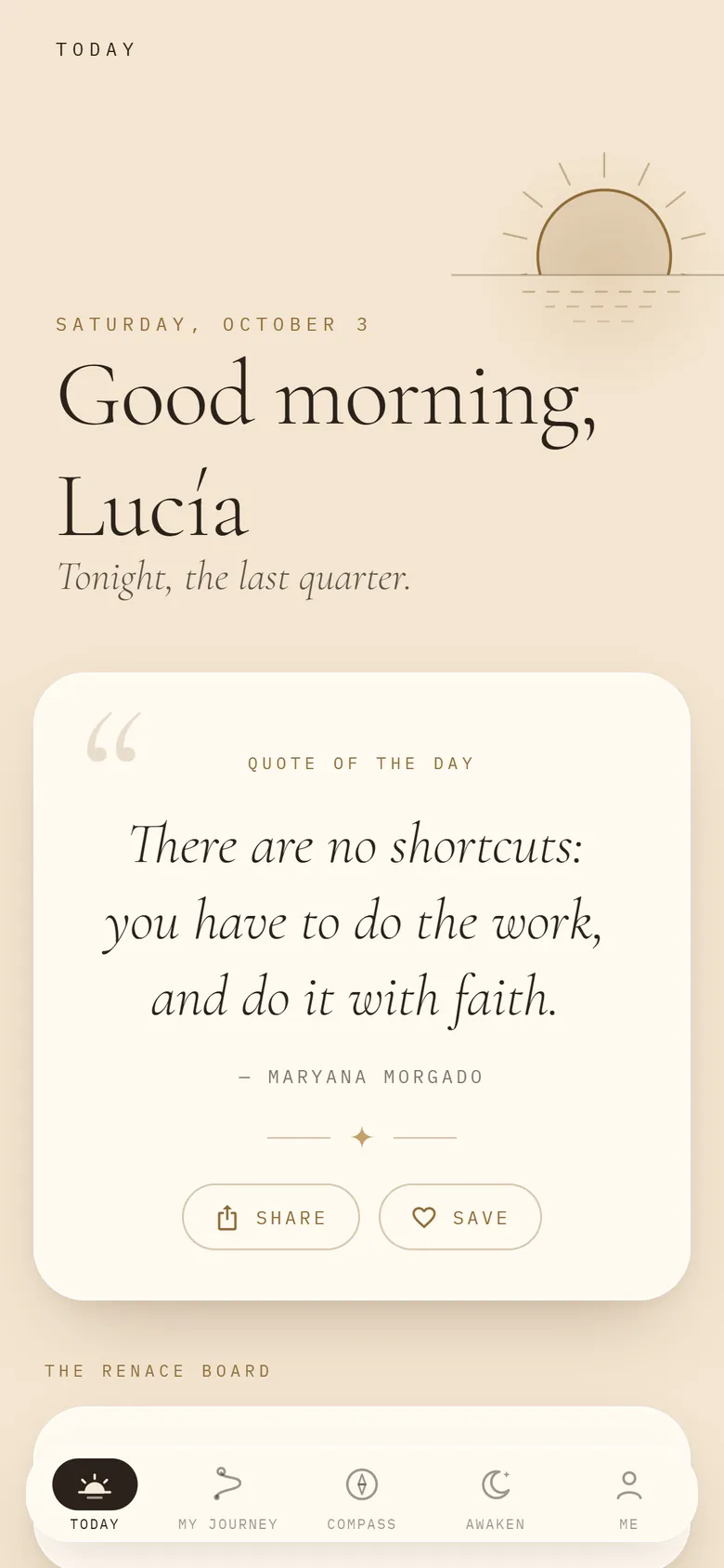 Renace’s Today screen: “Good morning, Lucía” and the quote of the day.