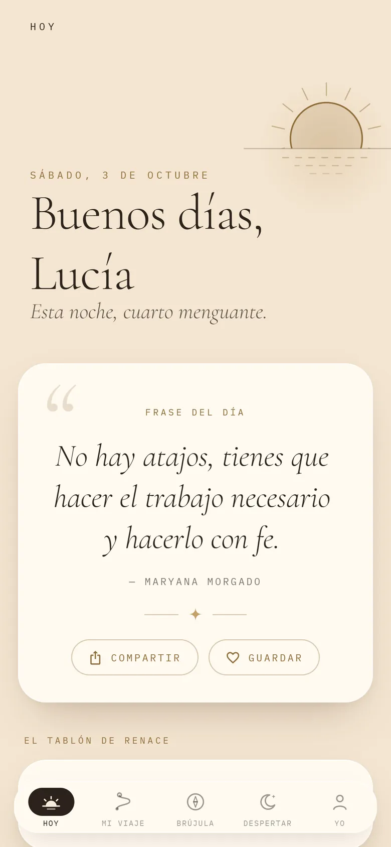 La pantalla Hoy de Renace: «Buenos días, Lucía» y la frase del día.
