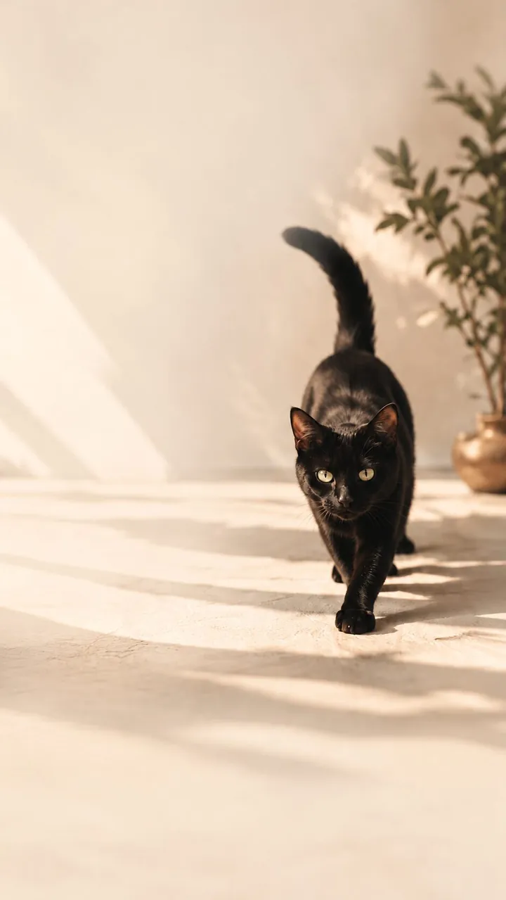 Blacky, el gato negro de Renace, en una habitación con luz de tarde.