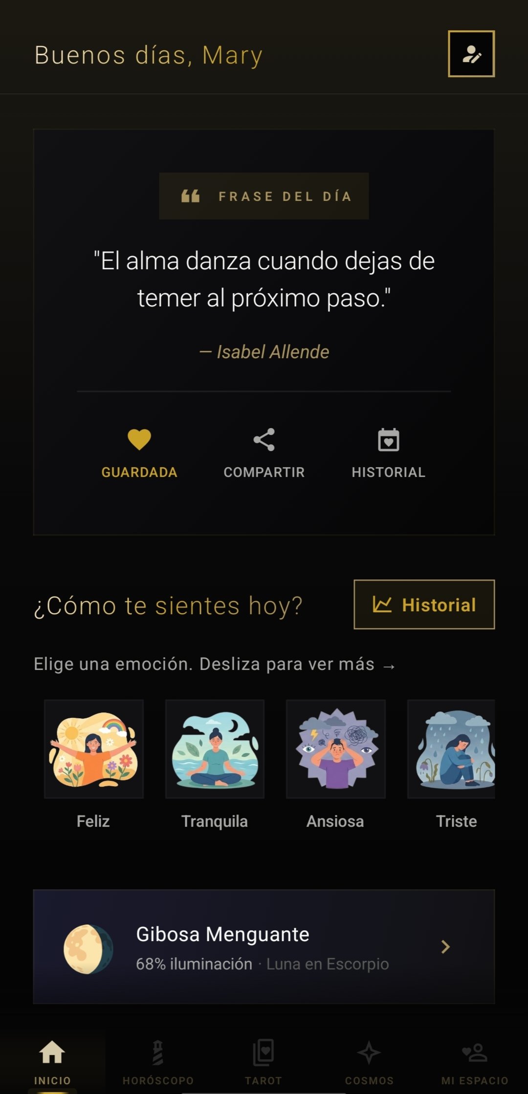 Interfaz de inicio de Renace